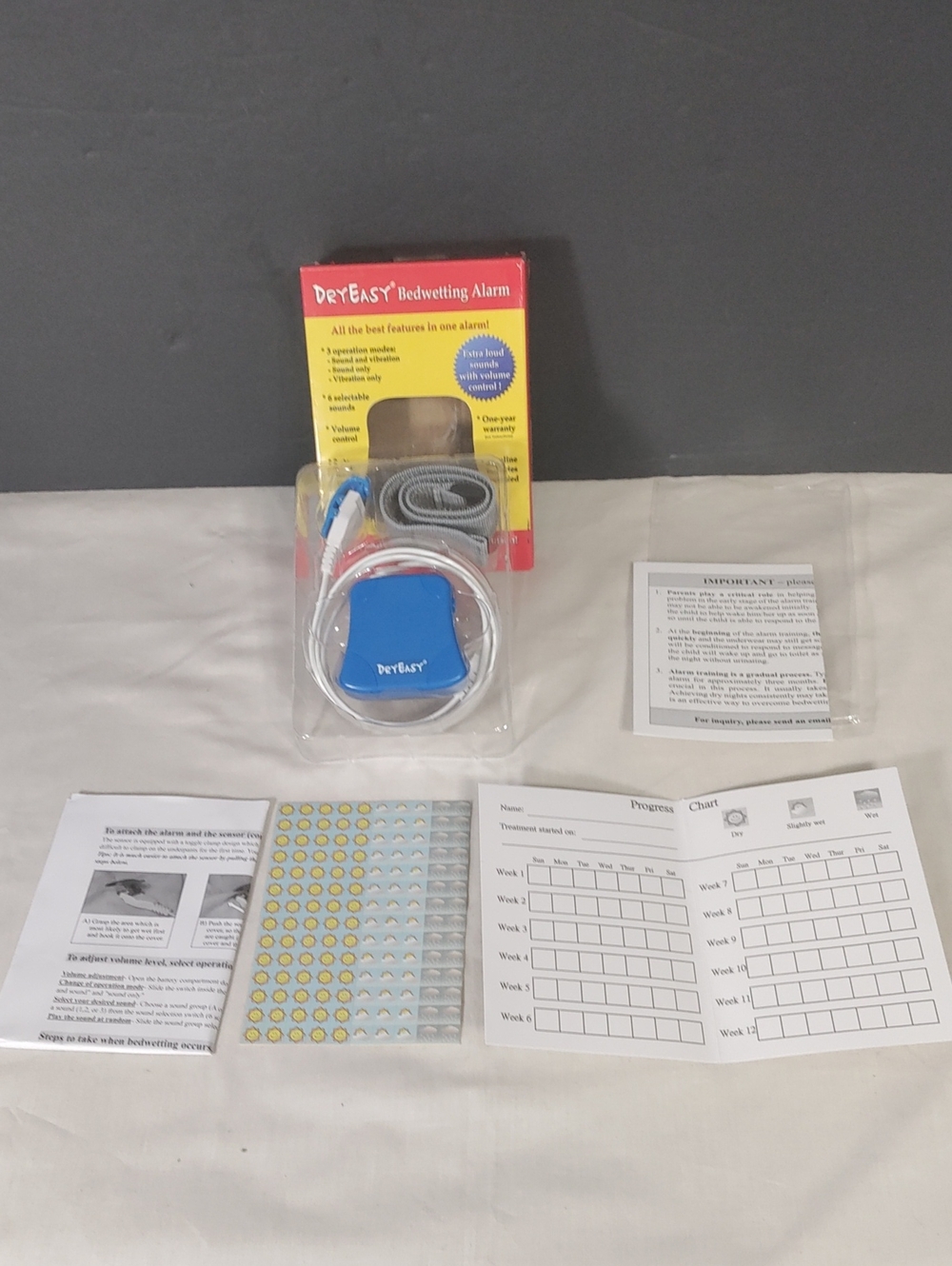 DryEasy Bedwetting Alarm (NEW OPEN BOX) Bed Wetting Solution + Stickers